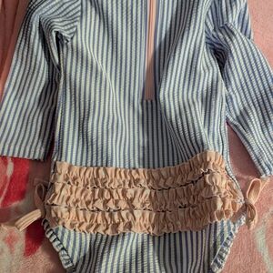 Girls' Blue Stripe One-Piece Swimsuit with Pink Ruffle Waist